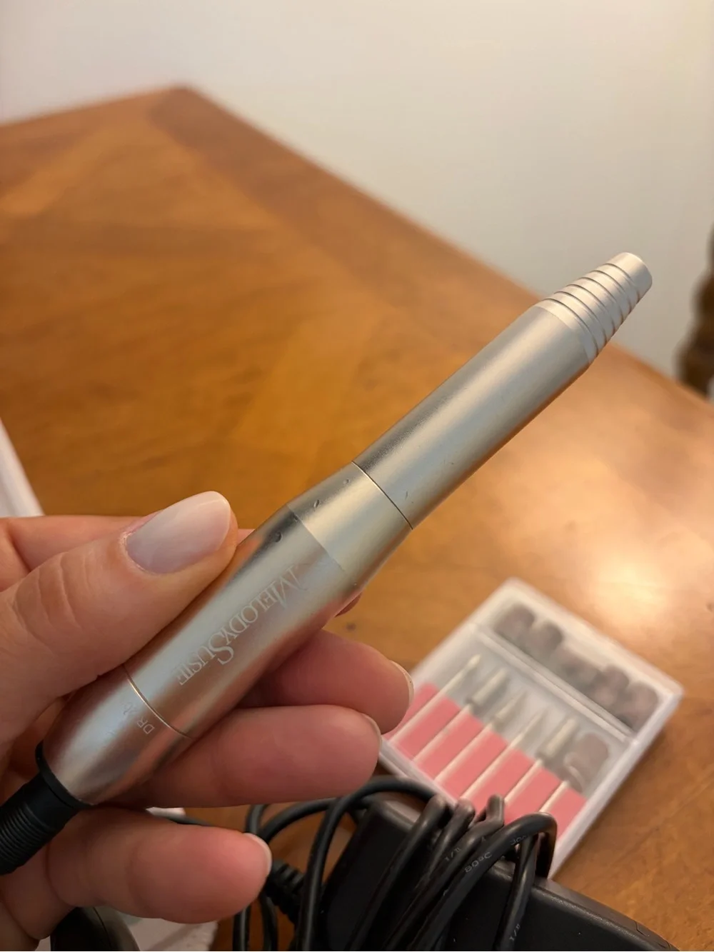 Silver Electric Nail Drill Pen with Black Power Adapter